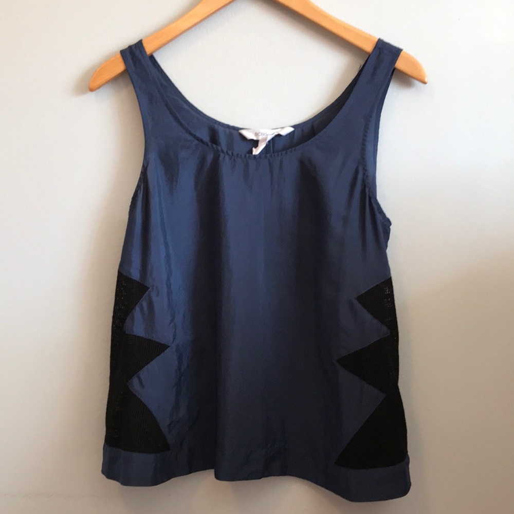 BCBG navy swing tank with black mesh cutouts